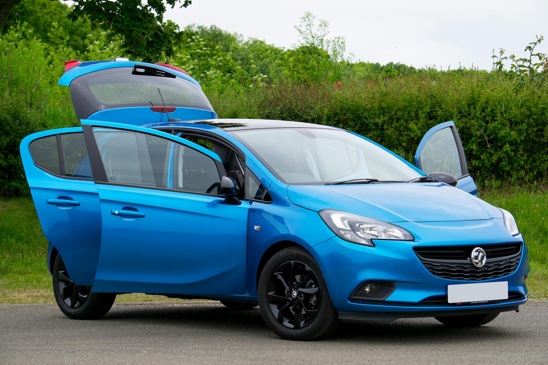 Niebieski Nissan Note z otwartymi drzwiami przy zielonej drodze